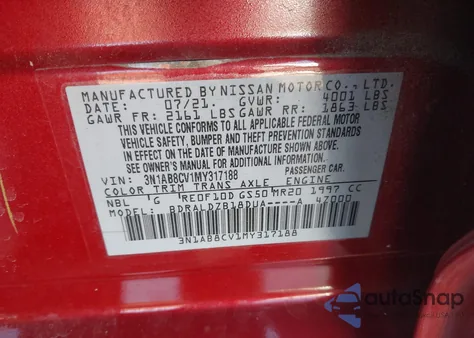 2021 Nissan Sentra Sv Xtronic Cvt из США, поврежденный, VIN 3N1AB8CV1MY317188